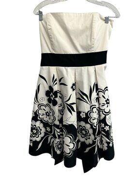 APNY Small Strapless White Black Waistband Floral Dress Bow Back Timeless Retro